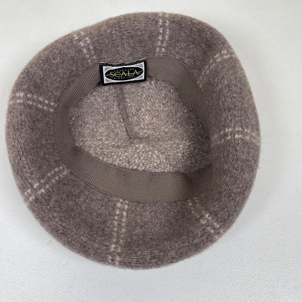 Vintage SCALA 100% Wool Beret Hat Cap Taupe Cream Striped‎ Thick Knit Nuetral